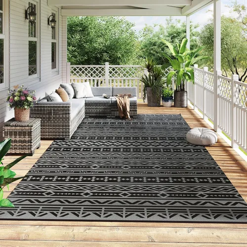 Vista 27 de Outsunny Alfombra de exterior para patio impermeable 9' x 18' rombo negro y Borde rombo negro y gris