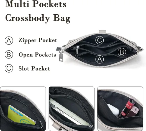 Vista 4 de OPAGE Bolso cruzado para mujer, de cuero suave, bolso cruzado de hombro, ligero, triple cremallera, bolso para teléfono celular