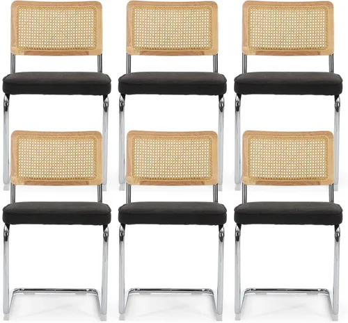 Vista 20 de Juego de 2 sillas de comedor de terciopelo con respaldo de ratán, diseño moderno Breuer con base cromada inoxidable sin brazos tapizada para Beige