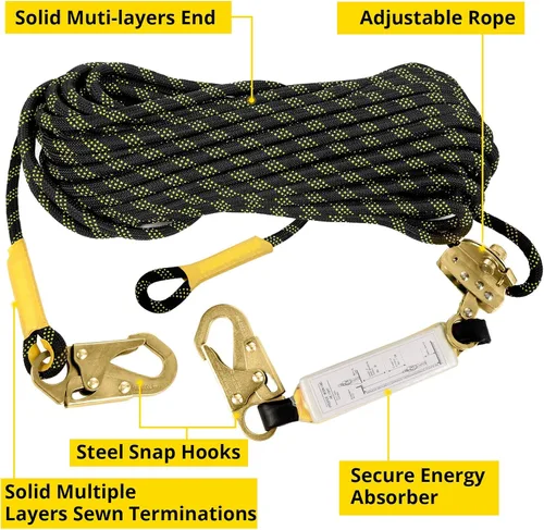 Vista 2 de TRSMIMA Rope Harness Safety Lanyard：25/50/100/150ft Vertical Roofing Rope Grab Snap Hooks Shock Absorber Fall Protection Kit