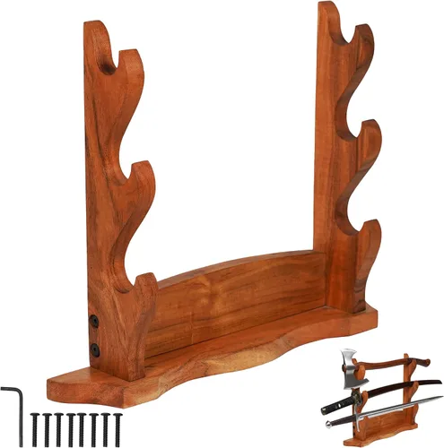 Vista 10 de Mythrojan Soporte de espada medieval de madera maciza horizontal para katana, samurái, gladiador, espadas cruzadas, soporte de mesa elegante, 1 nivel