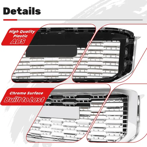 Vista 4 de KUAFU Parrilla Delantera Compatible con GMC Yukon/Yukon XL 2015-2020 Protector de Parachoques Ensamble de Parrilla Plástico ABS Cromo Plateado