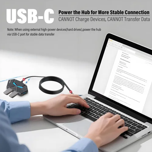 Vista 5 de Hub USB 4 puertos, divisor de concentrador USB 3.0 múltiple con puerto de alimentación y luces, cable de 3.9 pies de largo adaptador multipuerto