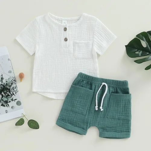 Vista 16 de fhutpw Conjunto de 2 piezas de ropa de verano para bebés, camiseta de manga corta, cintura elástica, pantalones cortos para niños pequeños