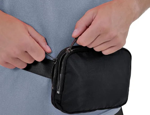 Vista 3 de ODODOS Mini bolsa de cinturón unisex con doble cremallera con correa ajustable para entrenamiento al aire libre, viajes, Negro