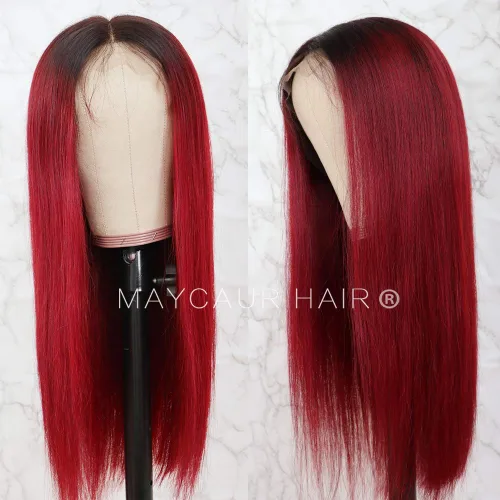 Vista 4 de Maycaur Peluca de cabello humano rojo degradado con encaje frontal, sedoso y liso #1b/rojo con encaje completo, pelucas de cabello humano