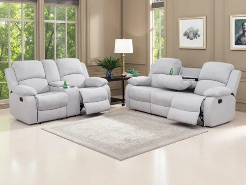 Vista 45 de Sofá reclinable manual moderno, sofá reclinable de cuero de 3 plazas, sofá reclinable de sala de estar, sofá con portavasos y mesa abatible