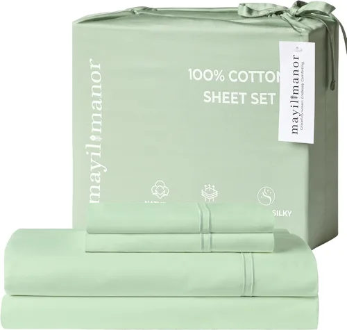Vista 10 de Sábanas de Cama de Algodón 100% Natural Juego de Sábanas Twin de Tejido Satinado de Una Sola Capa de 500 TC Ropa de Cama Sólida Suave