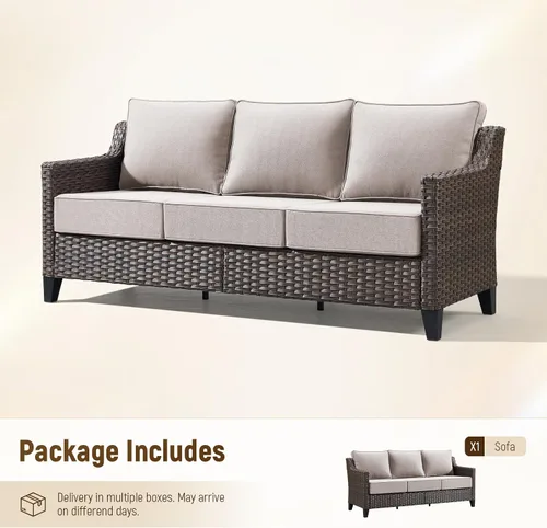 Vista 3 de Belord Sofá de patio exterior acolchado de 3 asientos de lujo de 6 pulgadas Cojín de mimbre marrón/beige de 6 pulgadas
