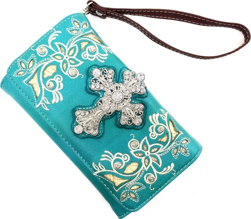 Vista 2 de Justin West - Muñequera con diseño de cruz floral bordada con corte láser y correa larga