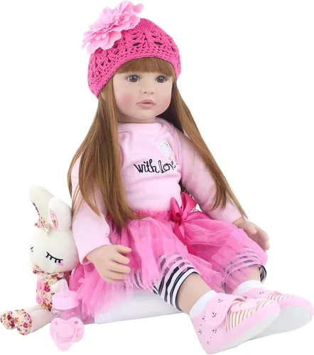 Vista 4 de Pinky 24 pulgadas 24.0 in Lovely Reborn Baby Girl Muñecas bebé realista aspecto vida como muñeca bebé muñeca vinilo silicona pelo largo bebé juguete