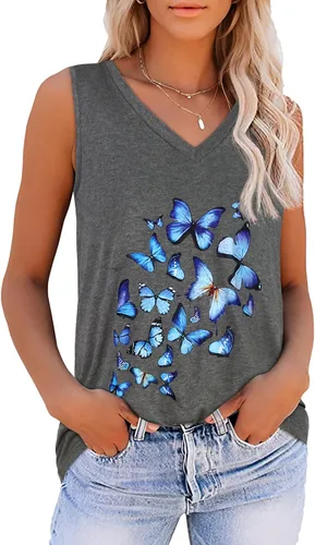 Vista 22 de Camisetas de verano para mujer, sin mangas, con cuello en V, ajuste holgado, casual, blusa tipo túnica Ab Cadetblue