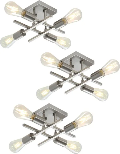Vista 13 de Lámpara de techo industrial de 4 luces, semiempotrada, moderna lámpara de araña de níquel cepillado, lámpara de techo Sputnik con base de bombilla
