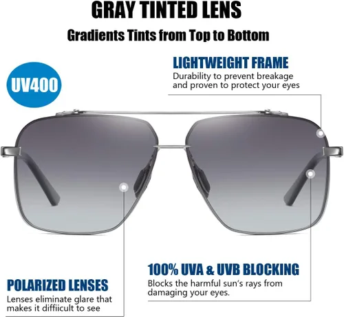 Vista 4 de ZHILE Gafas de sol cuadradas polarizadas para hombre - Marco de metal aviador de gran tamaño - Lentes de protección UV degradados