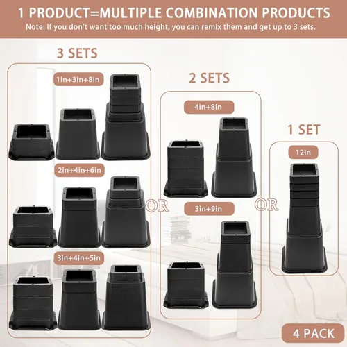 Vista 5 de 28 PCS Elevadores de Cama Ajustables de 12 Pulgadas Resistentes, Elevadores de Muebles con Elevación en Alturas de 1, 2, 3, 4, 5, 6, 7, 8, 9, 10