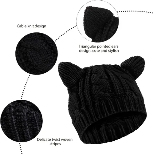Vista 6 de SATINIOR Lindo gorro de punto con orejas de gato, gorro de punto de invierno para mujeres y niñas