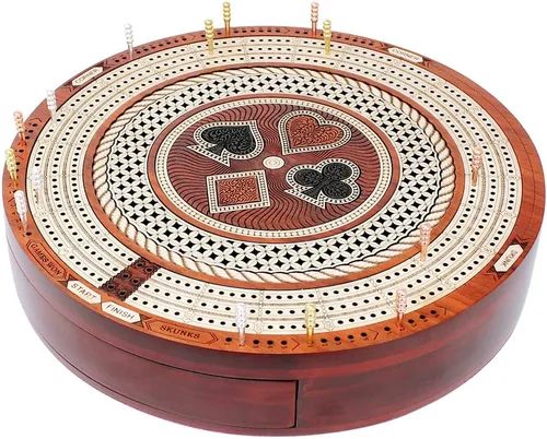 Vista 2 de House of Cribbage - Tabla de cuna continua de 3 pistas de forma redonda de 10" - Madera de arce/sangre - Cajón de empuje con campos de marcado