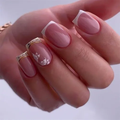 Vista 22 de 24 uñas postizas cortas a presión, color rosa RTKHFZE con diseño de mariposa blanca y diamantes de imitación, uñas postizas cuadradas de cobertura