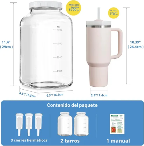 Vista 4 de Paquete de 2 frascos grandes de fermentación, frascos de vidrio de 1.5 galones con tapa 100% hermética y 3 válvulas de fermentación, frascos grandes