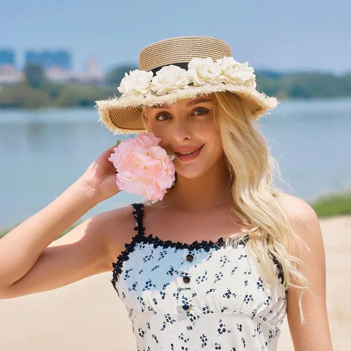 Vista 8 de Sombrero de paja para mujer con protección solar UPF 50+, sombrero de flores UV de viaje de verano
