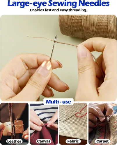 Vista 4 de Hilo encerado de costura para tapicería de cuero: PLANTIONAL 218 yardas 210D juego de cuerdas de cera con 25 agujas de coser grandes a mano, kit