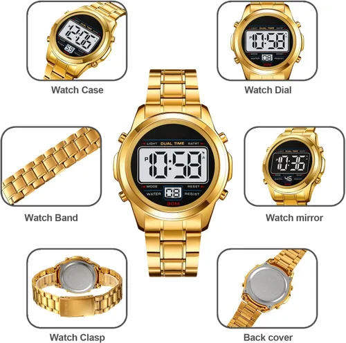 Vista 6 de PASOY Men's Digital Gold Watch Unisex Backlit Multifunction Stopwatch Alarm Waterproof Sport Women Watches Braided Bracelet Stainless Steel Black