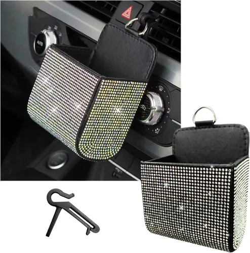 Vista 10 de Dickno Organizador de Coche, Bolsillo de Cuero con Diamantes de Imitación para Rejilla de Ventilación, Caja Automotriz Brillante con Gancho, Soporte