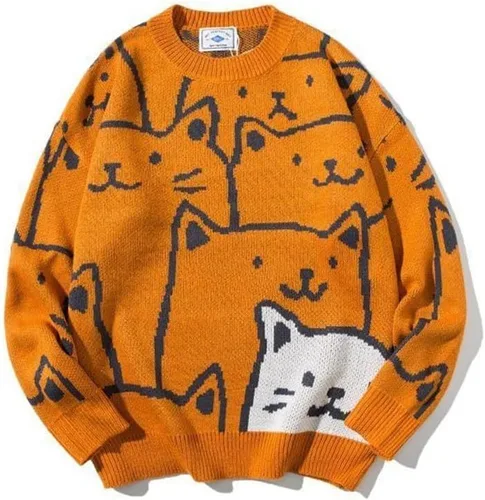 Vista 4 de Gato Gráfico Hombres Abuelo Suéter Japonés Gótico Punto Outwear Emo Alt Cuello Redondo Ropa Linda Y2K Tops de Manga Larga