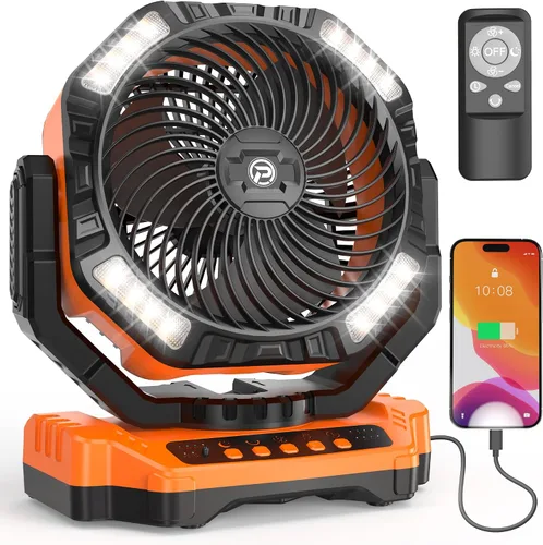 Vista 9 de 68HRS - Ventilador de campamento para correr con luz, batería recargable de 20000 mAh, potentes 4 velocidades y oscilación automática, temporizador