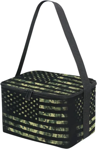 Vista 4 de Naanle Bolsa de almuerzo de lona aislada con cremallera para niños, adultos, hombres y mujeres, camuflaje con bandera estadounidense de correa