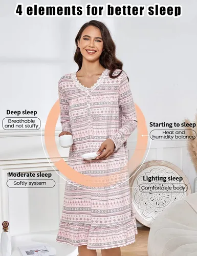 Vista 5 de MZROCR Camisones de manga larga para mujer, de algodón suave, cuello en V, ligero, ropa de dormir con encaje, para mujer
