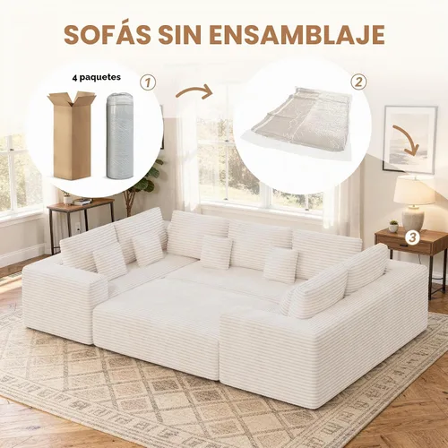 Vista 3 de Luxanimarion Sofá cama modular grande de 136 pulgadas con diván, sofá cama sin hueso en forma de U con otomana, no requiere montaje, asiento Beige