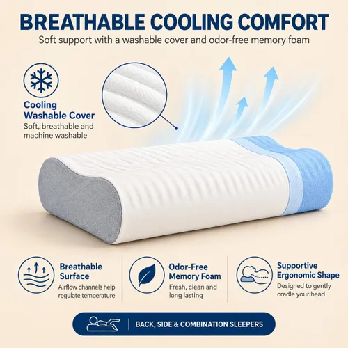 Vista 4 de Eletronova Almohada de espuma viscoelástica para dolor de cuello, almohada cervical CertiPUR-US® con diseño de doble altura, funda de enfriamiento