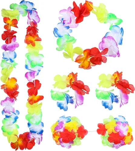 Vista 4 de 8 Pieces Hawaiian Grass Hula Skirt Costume Set Necklace Garland Bracelet Bikini Top for Women Tropical Luau Party Decoration