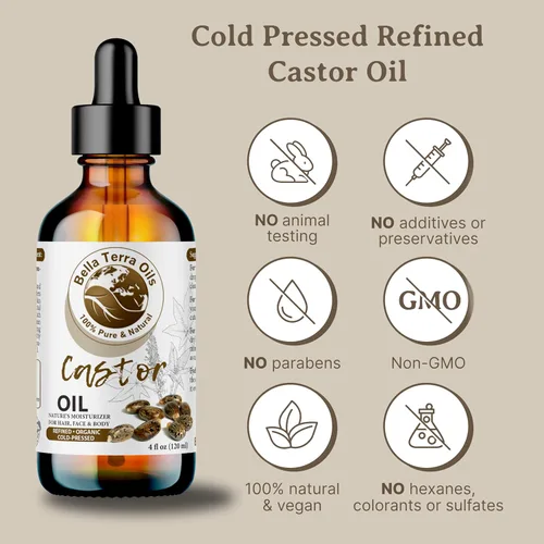 Vista 4 de Bella Terra Oils - Botella de vidrio de aceite de ricino orgánico de 2 onzas - Deléitate con la nutrición orgánica pura de ricino, famosa por su