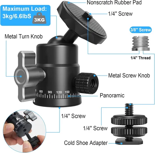 Vista 6 de Ailight Mini cabeza de bola, cabezal de trípode panorámico de 360°, adaptador de tornillo universal de 1/4 a 3/8 pulgadas, soporte de trípode