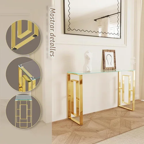 Vista 4 de Mesa consola de cristal, moderna mesa de entrada de 47.2 pulgadas, parte superior de vidrio con base de acero inoxidable, mesa de sofá estrecha