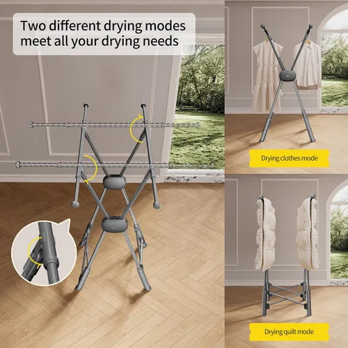 Vista 4 de BIREN Estante de secado de ropa resistente, estante plegable para ropa sucia, dos modos de secado, estantes para secar ropa, longitud ajustable