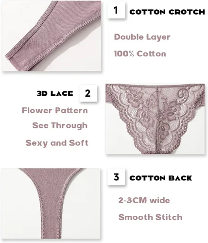 Vista 4 de CuteByte - Tangas de algodón para mujer, ropa interior sexy de encaje con espalda en T, transpirables, de tiro bajo, bragas hipster, paquete de 6