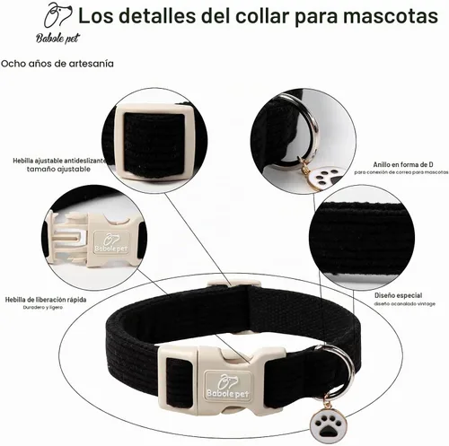 Vista 3 de Lindo Collar de Corduroy para Perro - Collar Ajustable Negro para Perros Pequeños de 4-10lbs, Resistente al Desvanecimiento con Cierre Seguro