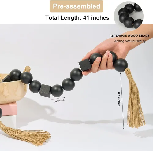 Vista 200 de OMISHE Guirnalda de cuentas de madera extra grande con cuentas de madera y borlas de 1.6 pulgadas de diámetro, cuentas decorativas rústicas de 41