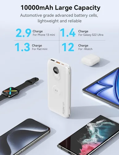 Vista 4 de Portable Charger 10000mAh 20W, Wall Plug, 2 Cables, iWatch Charging Digital Display, Compact Lightweight, USB C Fast Charge, USB-A 18W, Multi