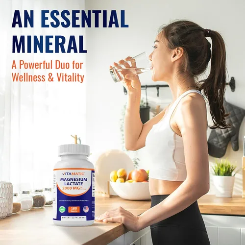 Vista 4 de Vitamatic Lactato de magnesio 2000 mg por porción – 180 tabletas – Apoya la salud muscular, del corazón, de los huesos y del sistema nervioso* – Sin