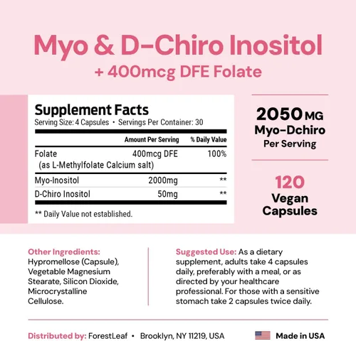 Vista 3 de Mezcla de suplementos de inositol Myo y D-Chiro con folato, equilibrio hormonal, ovulación y apoyo ovárico para mujeres, crecimiento del cabello