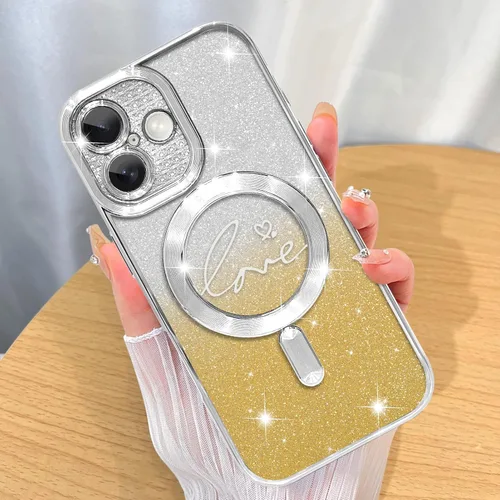 Vista 54 de ZIYE - Funda magnética diseñada para iPhone 13 con purpurina, color negro Luxury Plating Love Heart Compatible with MagSafe Camera Protection