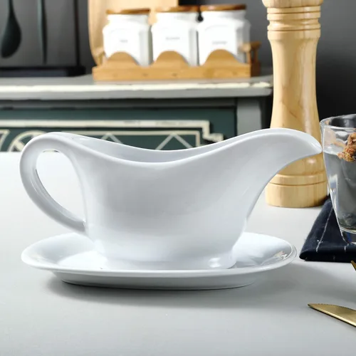 Vista 6 de Bruntmor - Recipiente y bandeja de cerámica para salsa, para aderezos de ensalada, leche, caldo, crema, apto para microondas y lavavajillas, 11