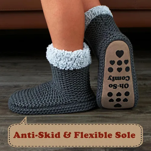 Vista 2 de cosyone1997 Pantuflas de punto grueso para mujer para interiores, con forro polar sherpa, botas suaves sin cordones, cálidas y mullidas
