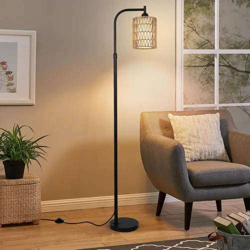 Vista 9 de LAMSU Lámpara de pie con control remoto, lámpara de pie de ratán regulable con bombilla LED, lámpara de poste alto industrial negra con pantallas
