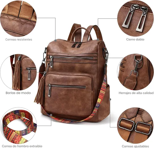 Vista 6 de Mochila de cuero Shrrie para mujer, bolso de diseñador de moda para mujer, mochila de viaje convertible, bolso de hombro con muñequera, Mochilas