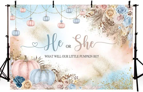 Vista 4 de AIBIIN Telón de fondo de revelación de género de 7 x 5 pies con texto en inglés "He or She What Will Our Little Pumpkin Be Background", color rosa